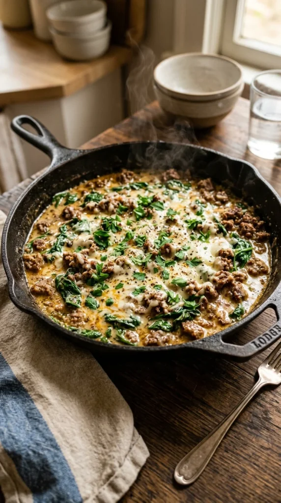 Creamy Ground Beef and Spinach Skillet