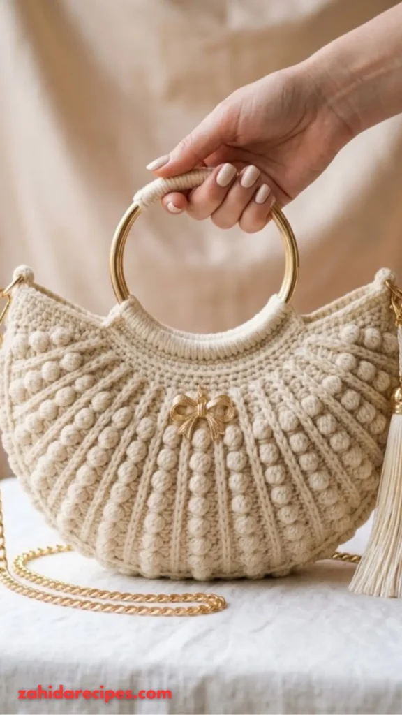 Cream and Gold Elegant Half Moon Bag 