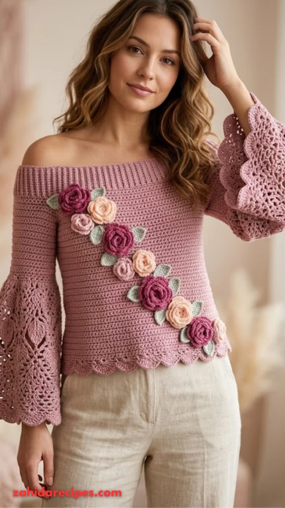 Dusty Rose Romantic Crochet Bell Top
