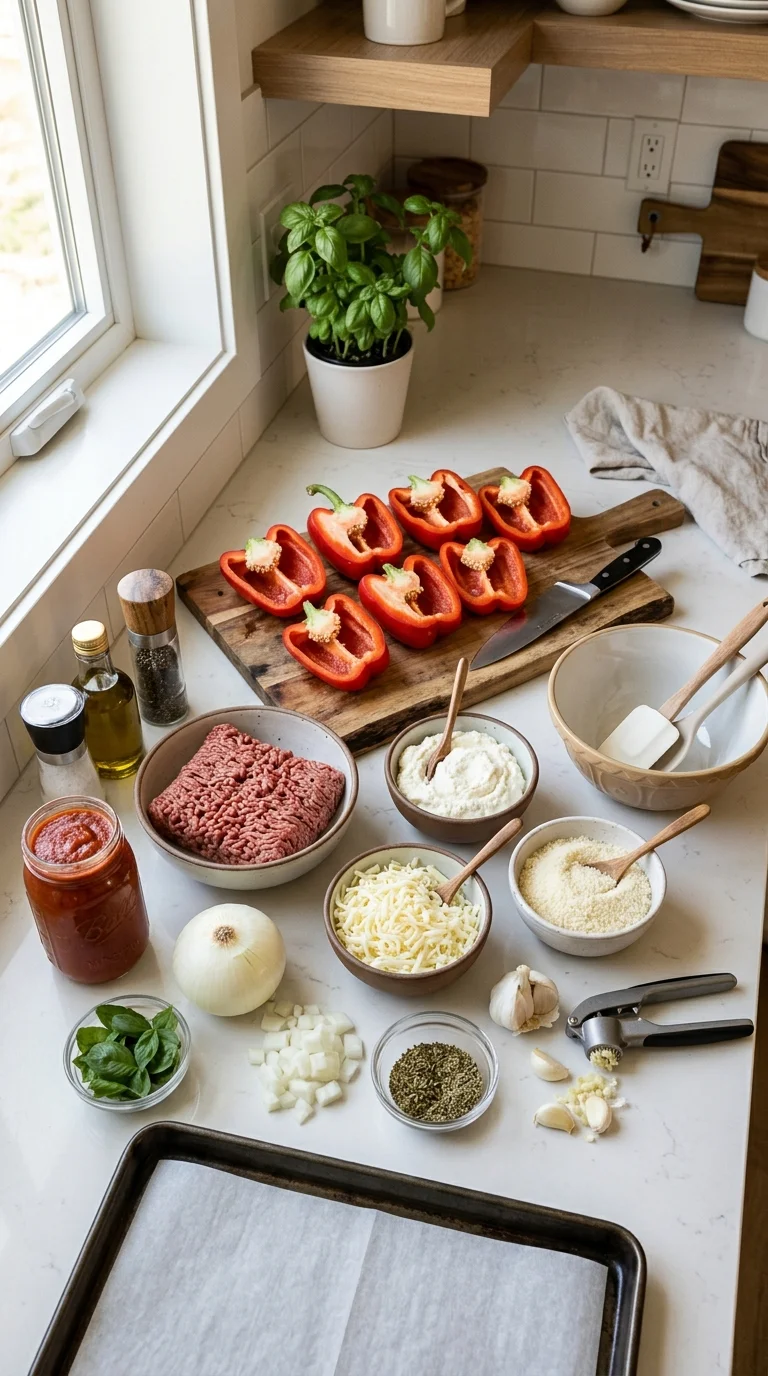 Cheesy Keto Lasagna Stuffed Peppers cooking