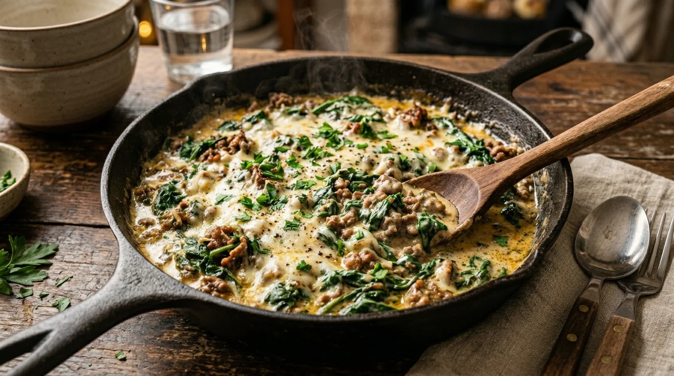 Creamy Ground Beef and Spinach Skillet