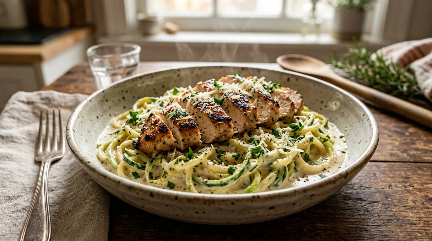 High-Protein Chicken Alfredo Zucchini Bowl