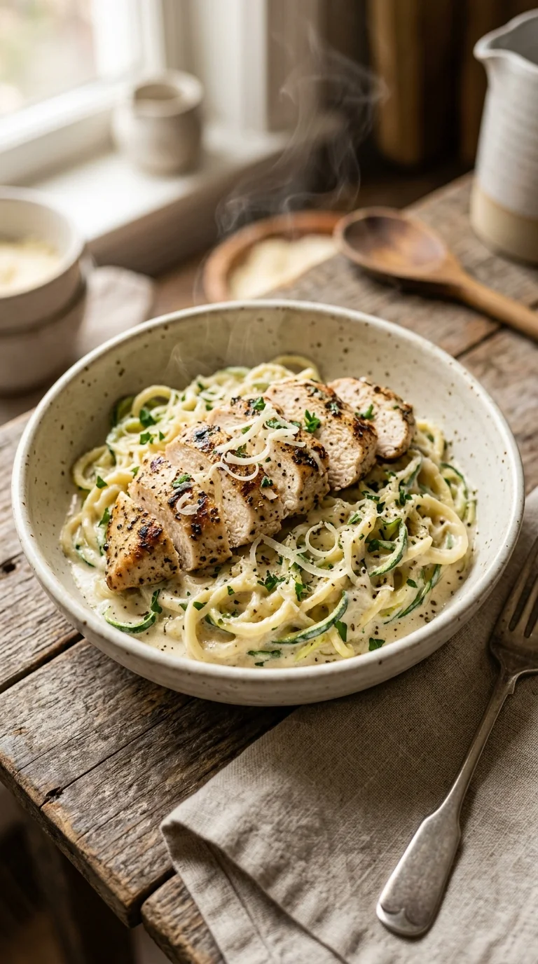 High-Protein Chicken Alfredo Zucchini Bowl