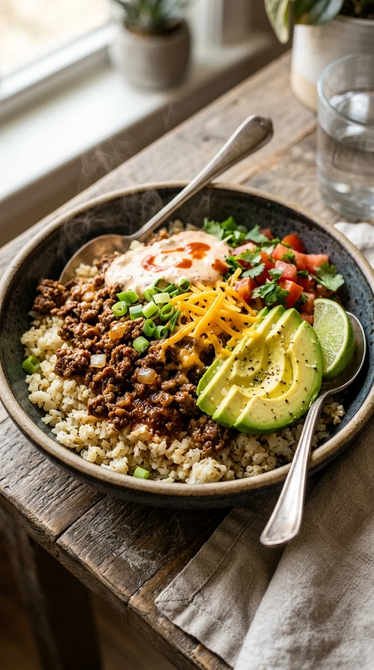 Keto Beef & Cauliflower Rice Bowl looks