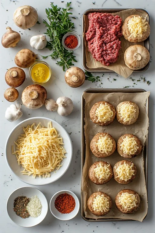 Keto Beef and Cheese Stuffed Mushrooms cooking