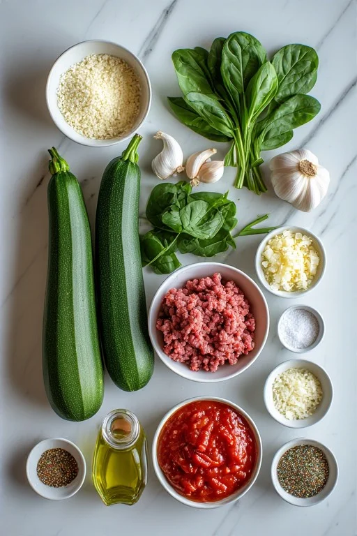 Keto Beef and Spinach Stuffed Zucchini Boats Recipe ingredients