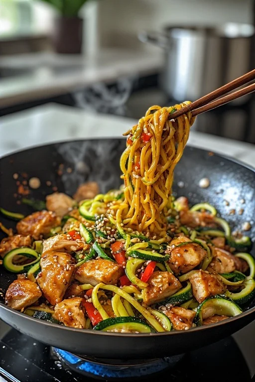 Keto Chicken Zucchini Noodle Stir Fry looks