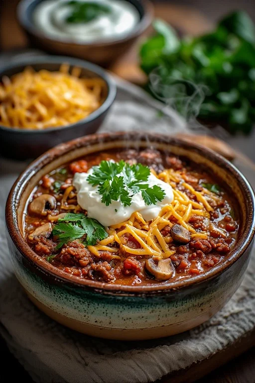 Keto Chili with Mushrooms & Spinach looks