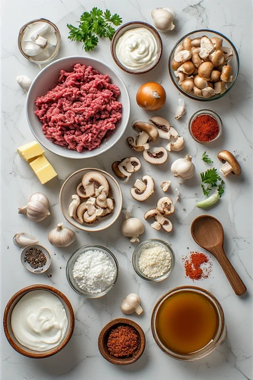 Keto Creamy Ground Beef Stroganoff Recipe ingredients