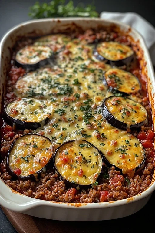Keto Ground Beef Eggplant Bake looks