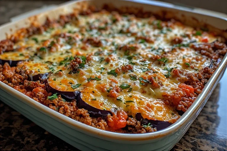 Keto Ground Beef Eggplant Bake