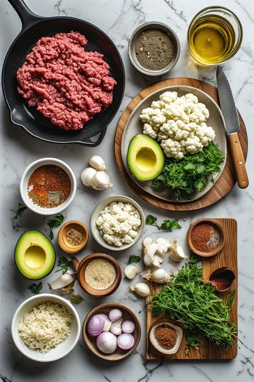 Keto Ground Beef and Cauliflower Rice Bowl cooking