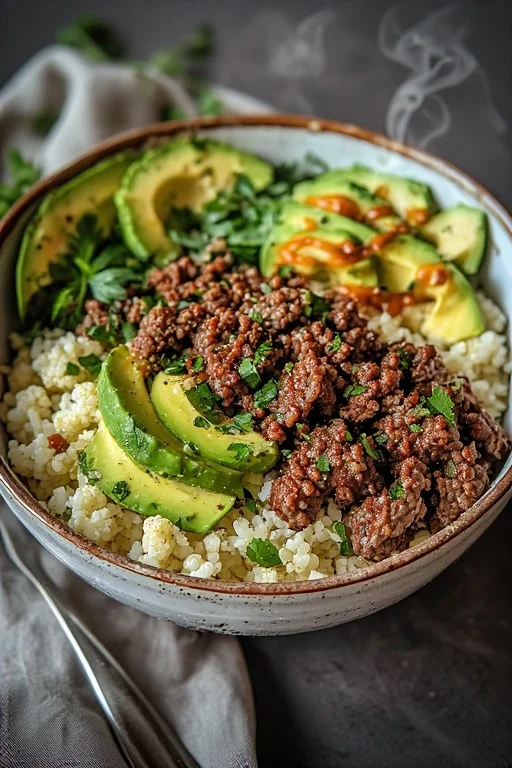 Keto Ground Beef and Cauliflower Rice Bowl looks