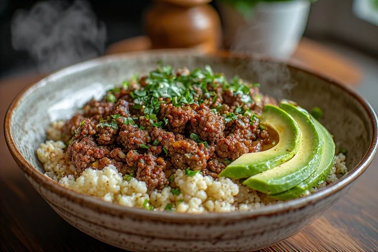 Keto Ground Beef and Cauliflower Rice Bowl