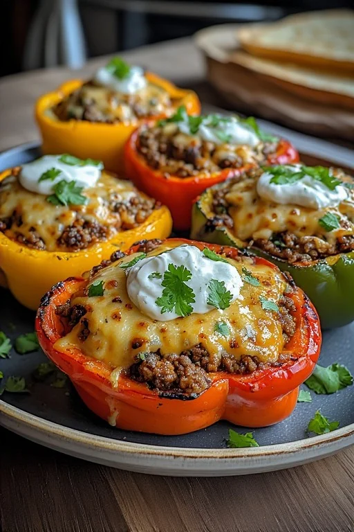 Keto Taco Stuffed Peppers with Ground Beef looks
