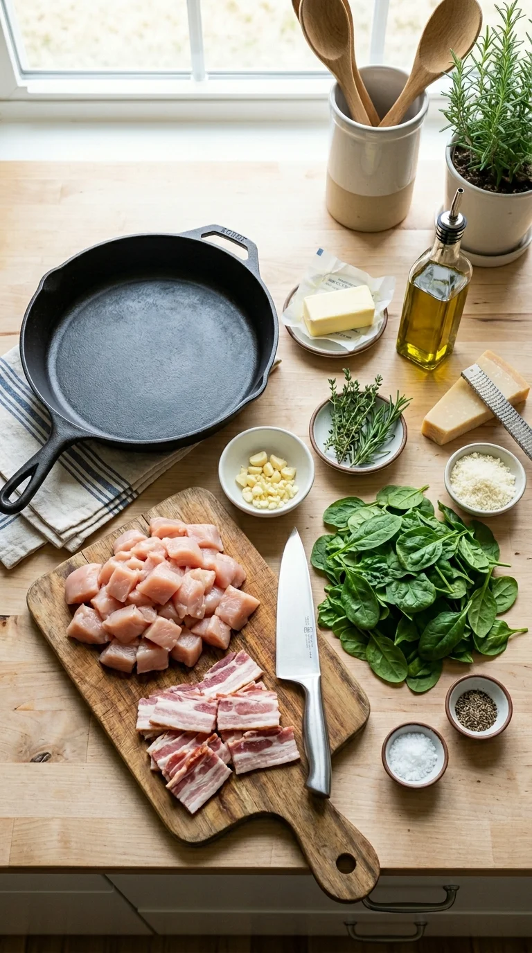 Lazy Keto Chicken Bacon Spinach Skillet cooking 1