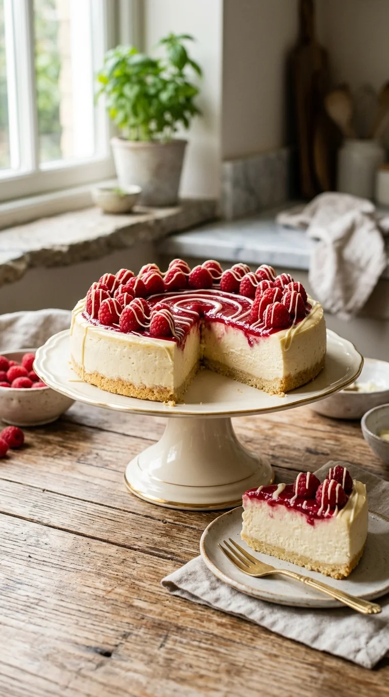 Raspberry White Chocolate Keto Cheesecake looks