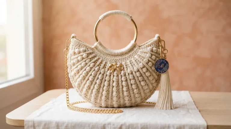 Cream and Gold Elegant Half Moon Bag Free Crochet Pattern