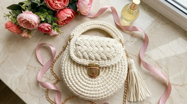 Cream and Gold Elegant Round Bag Free Crochet Pattern