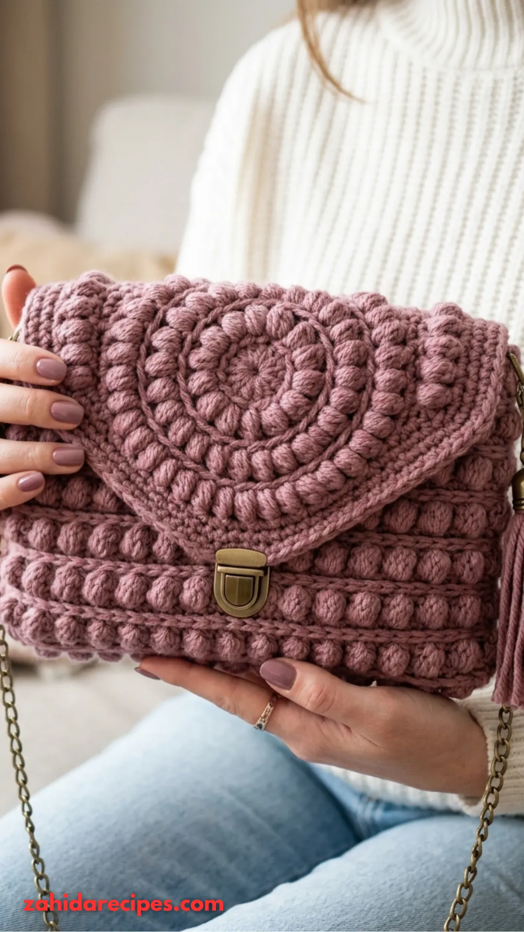 Dusty Rose Puff Stitch Envelope Bag