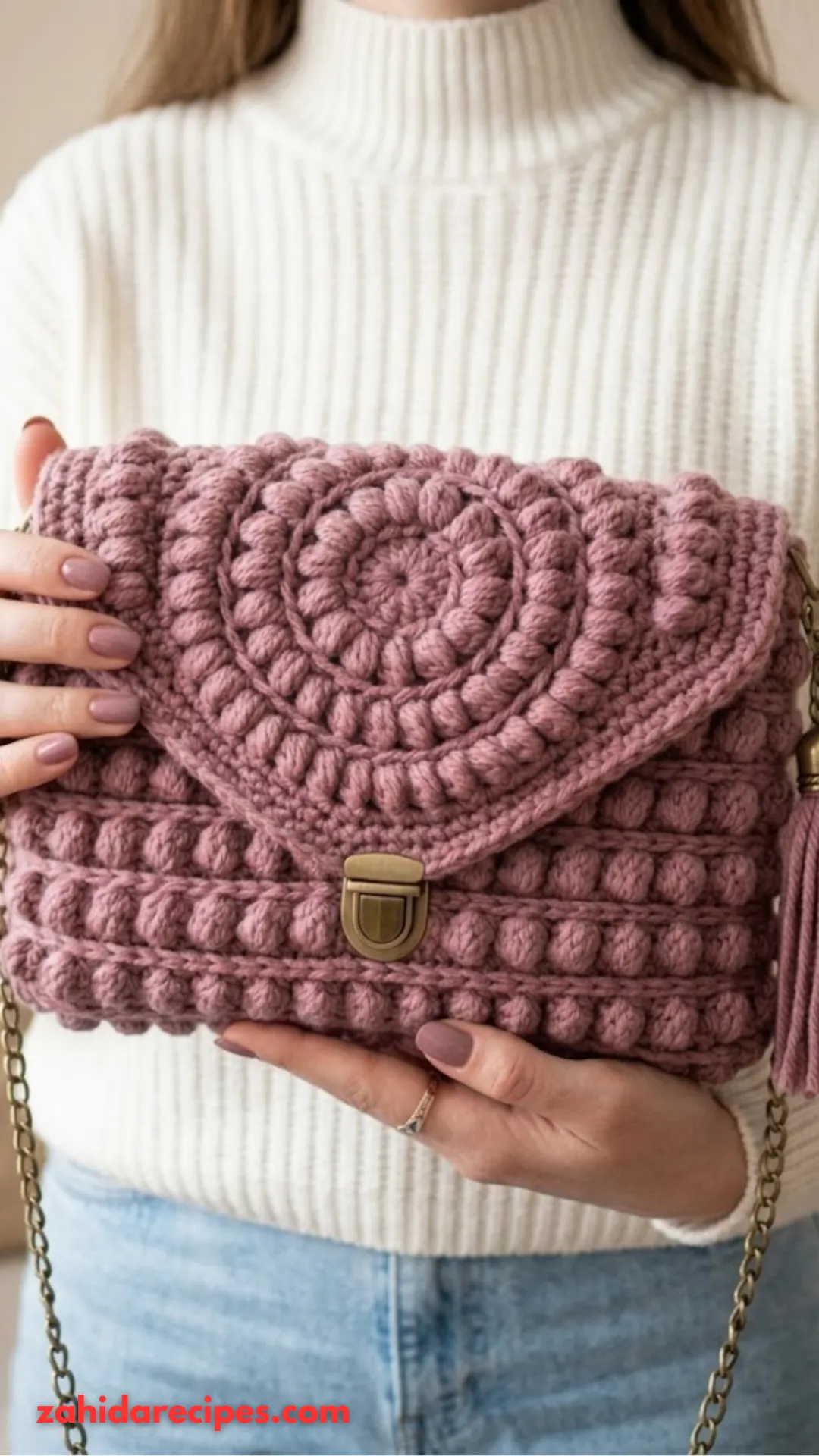 Dusty Rose Puff Stitch Envelope Bag