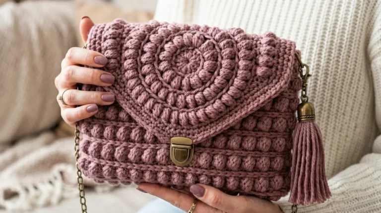 Dusty Rose Puff Stitch Envelope Bag Free Crochet Pattern