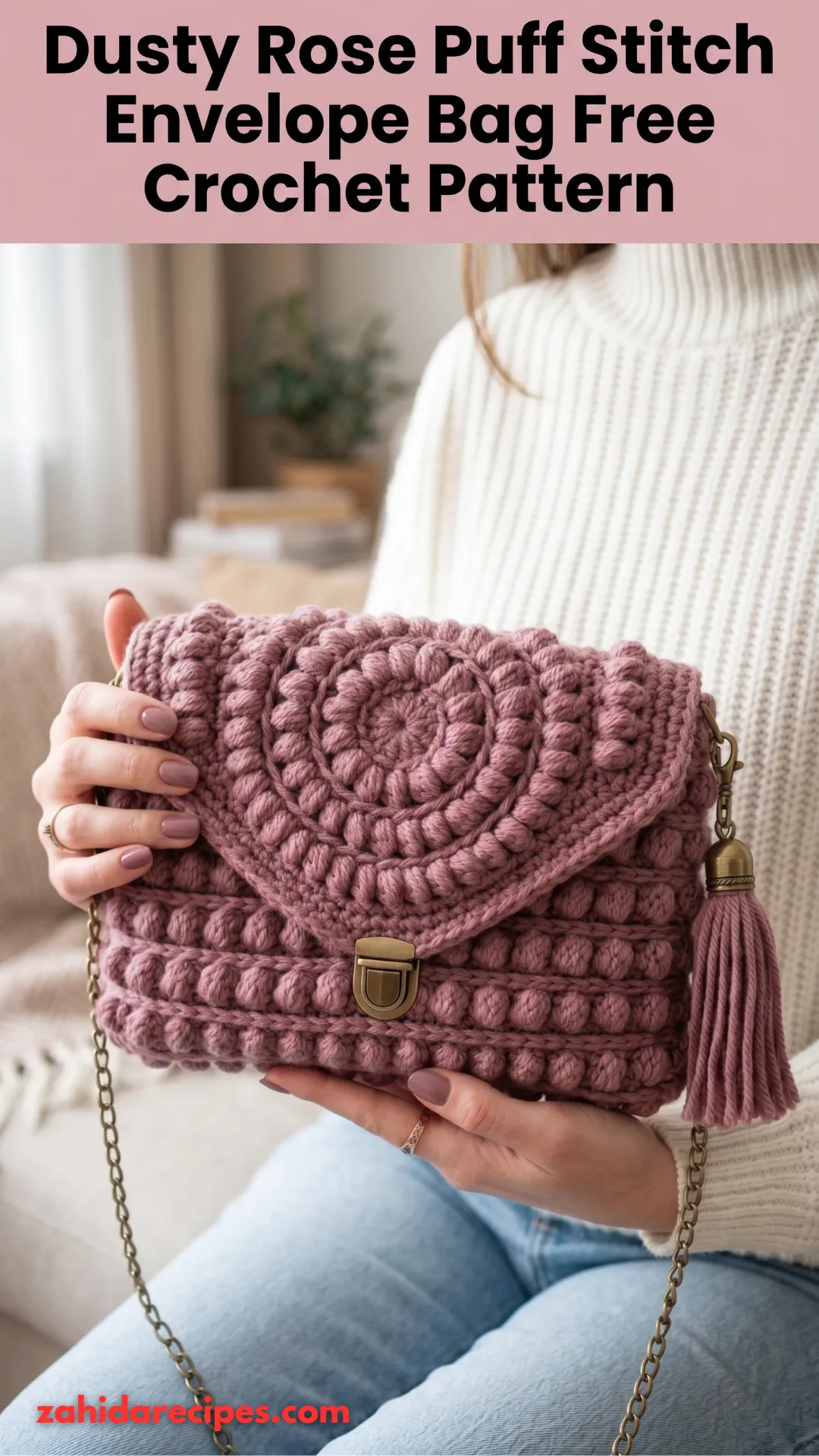 Dusty Rose Puff Stitch Envelope Bag