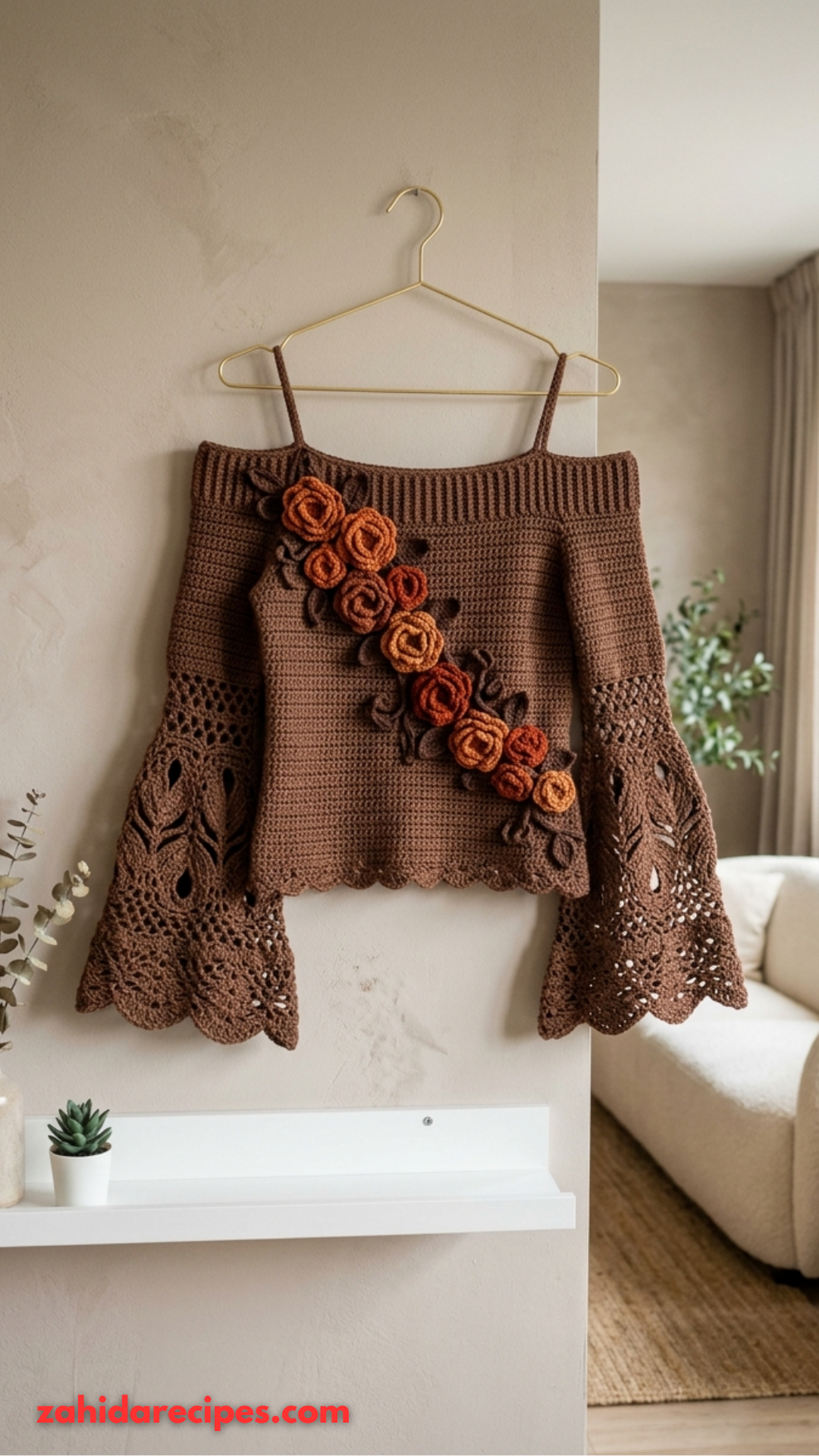 Mocha Autumn Rose Crochet Top