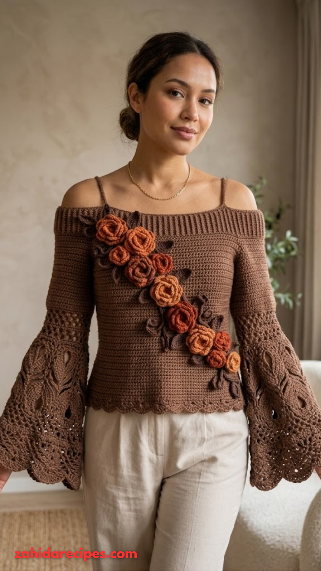 Mocha Autumn Rose Crochet Top