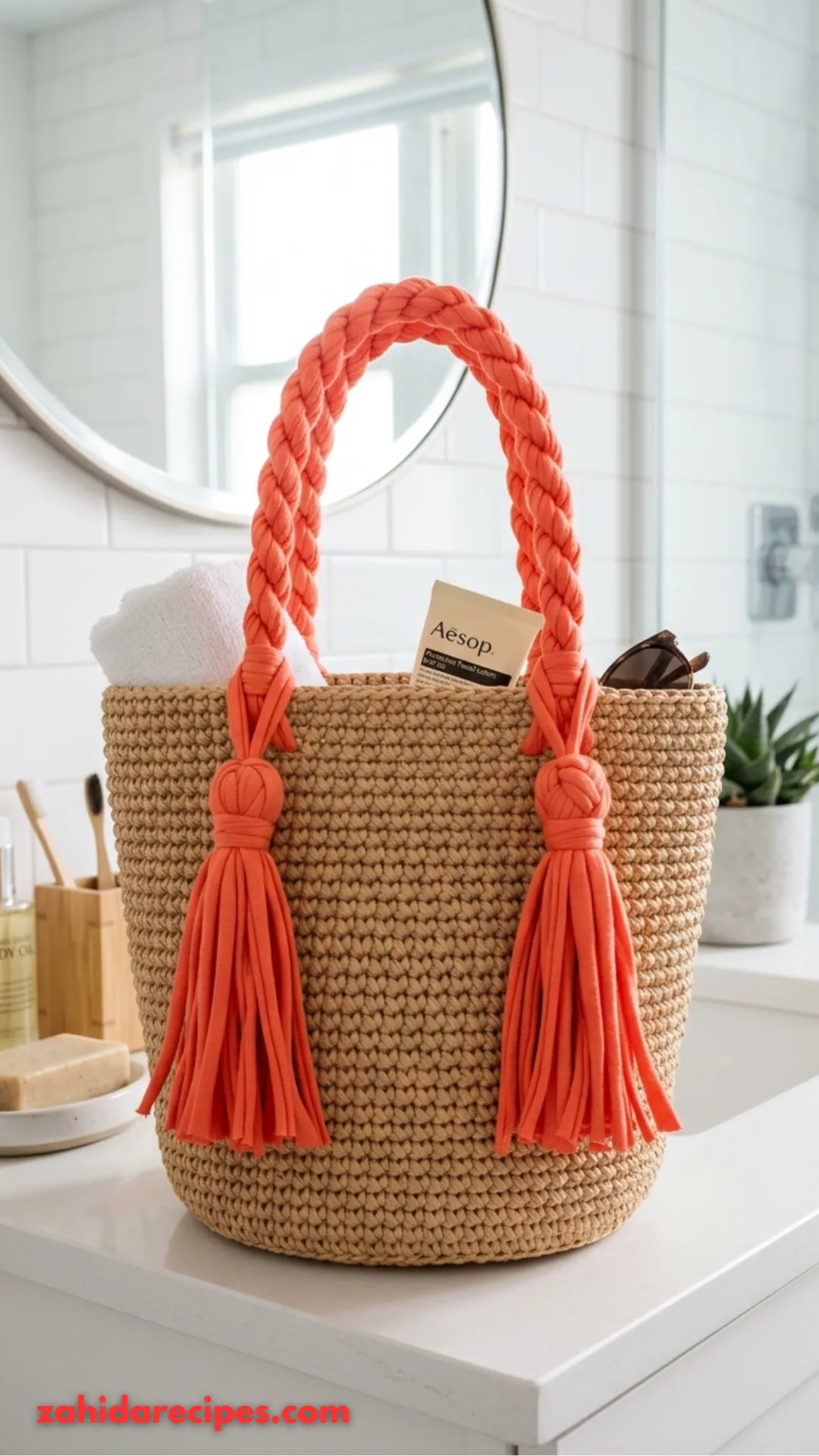 Natural Raffia Summer Tote with Coral Fabric Tassels