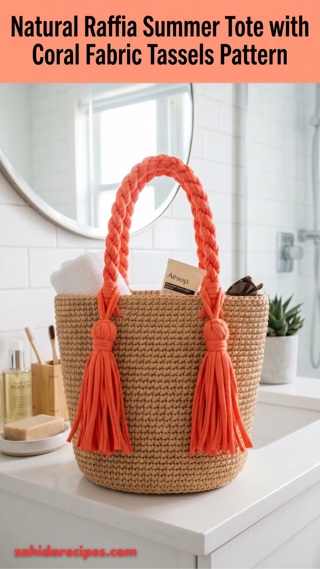 Natural Raffia Summer Tote with Coral Fabric Tassels