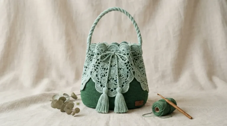 Sage Green Botanical Lace Bucket Bag Free Crochet Pattern