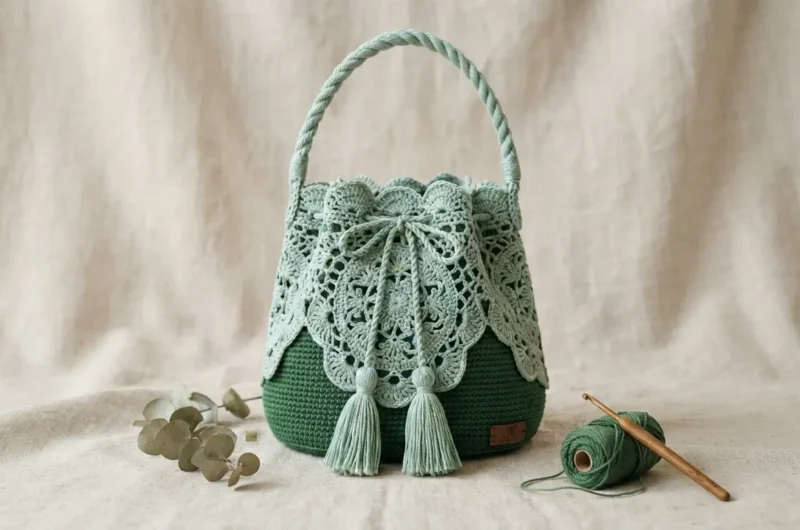 Sage Green Botanical Lace Bucket Bag Free Crochet Pattern