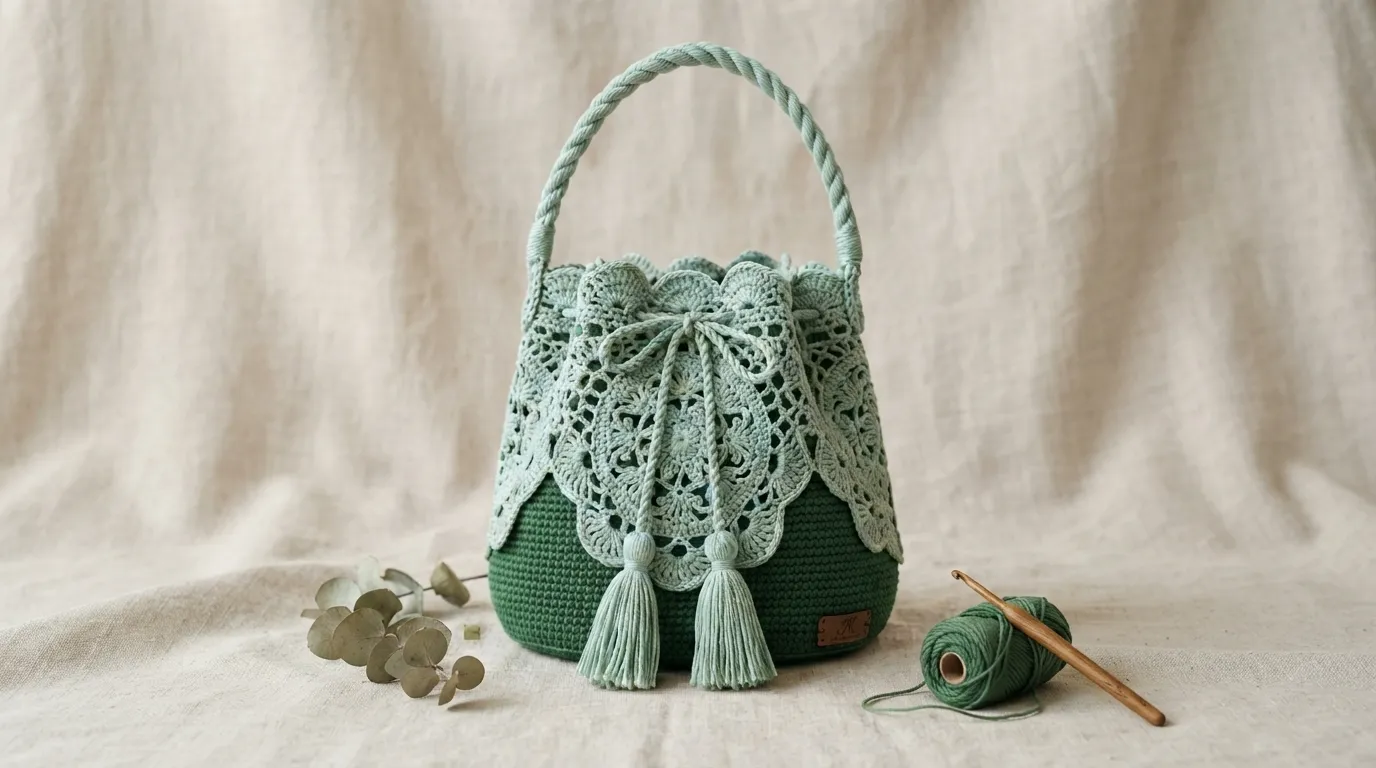 Sage Green Botanical Lace Bucket Bag Free Crochet Pattern